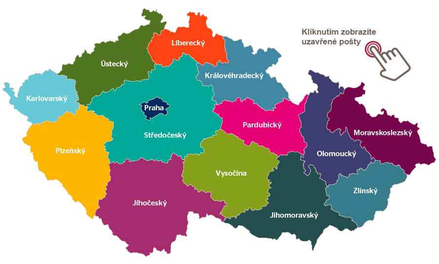 Mapa krajů. Klikem zobrazíte uzavřené pošty.
